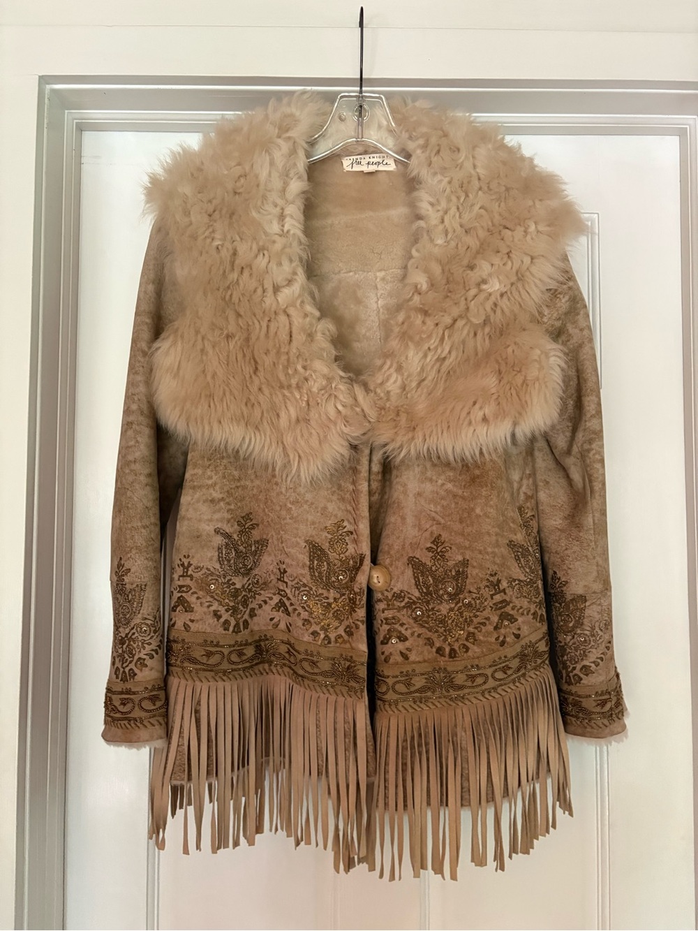 Free People x Brenda Knight Beige Suede Shearling Jacket with Fringe
